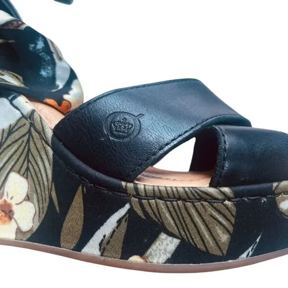 BORN Salton Wedge Sandal Black Leather Fabric Covered Heel - Picture 11 of 13